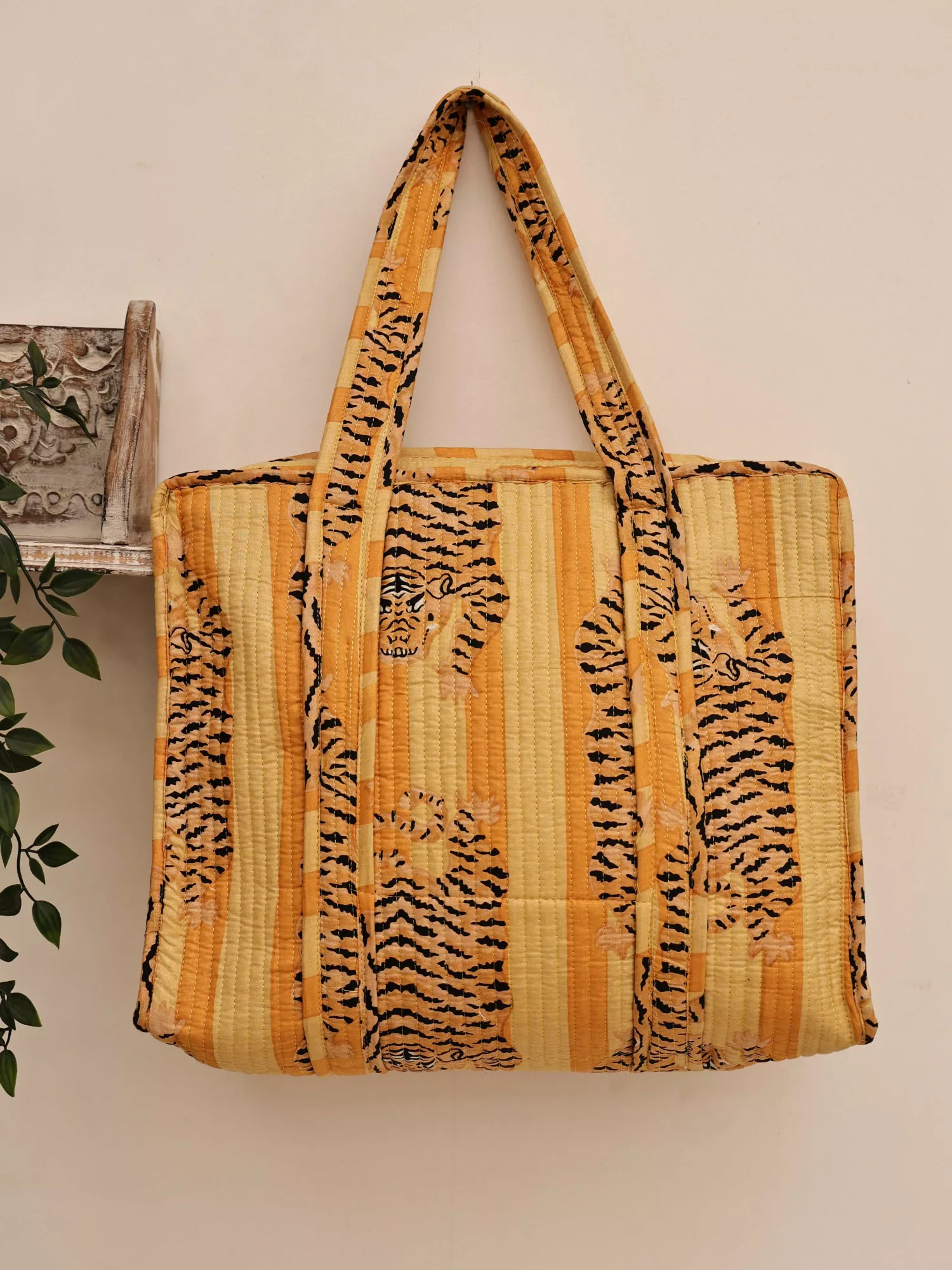 Quilted Cotton Hand Block Tote Bag with Zip