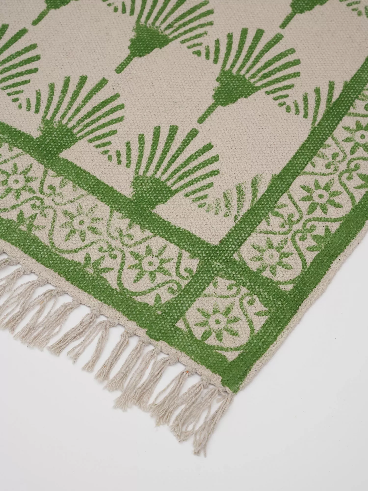 Cotton Green & Beige Handblock Printed Pigmnet Dhurrie